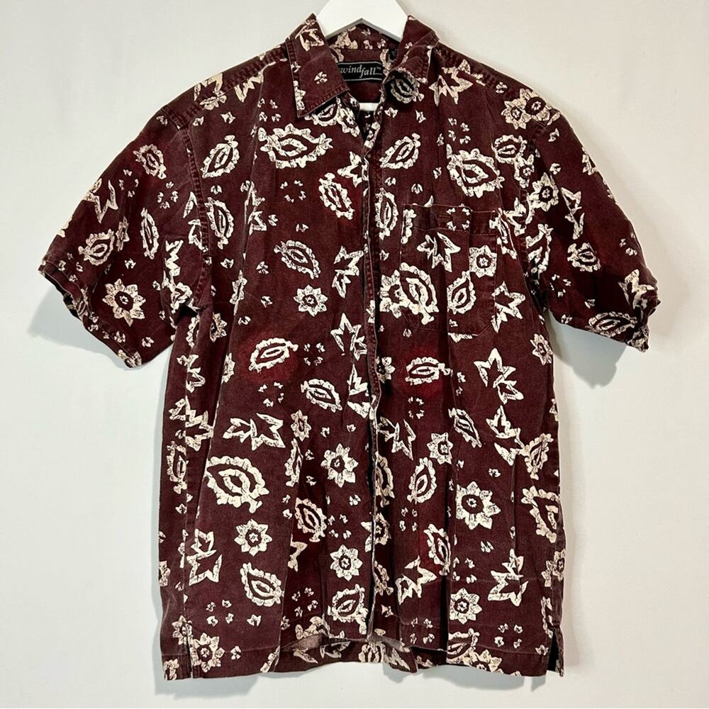 Windfall Men’s Vintage Hawaiian Short Sleeve Button Down Shirt Maroon Medium